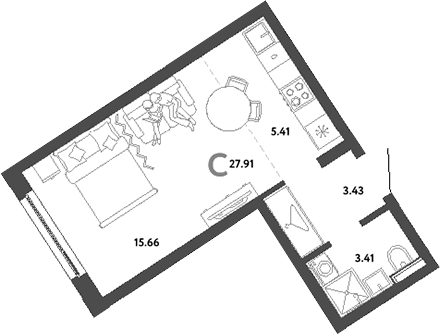 Планировка — Сибирский сад, Студия, 28 м²