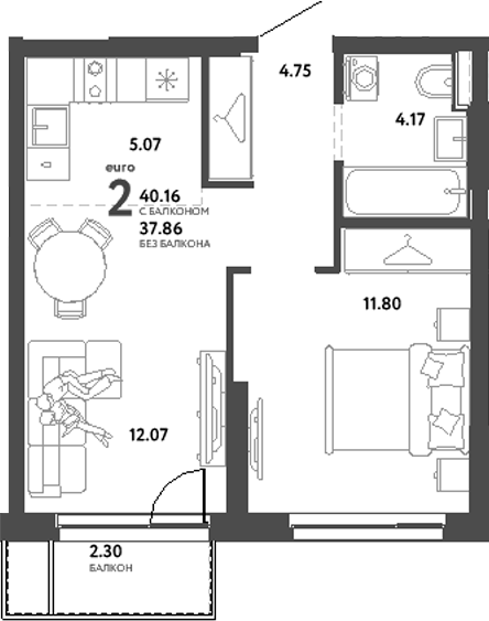 Планировка — Сибирский сад, 2-комн., 38 м²