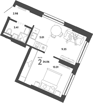 Планировка — Сибирский сад, 2-комн., 34 м²
