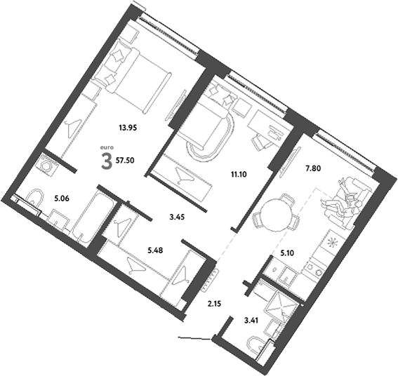 Планировка — Сибирский сад, 3-комн., 58 м²