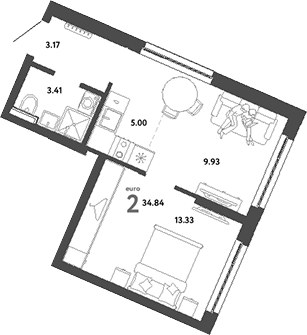Планировка — Сибирский сад, 2-комн., 35 м²