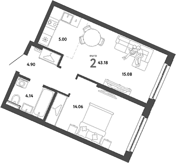 Планировка — Сибирский сад, 2-комн., 43 м²