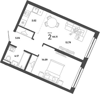 Планировка — Сибирский сад, 2-комн., 44 м²