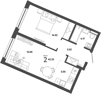 Планировка — Сибирский сад, 2-комн., 43 м²