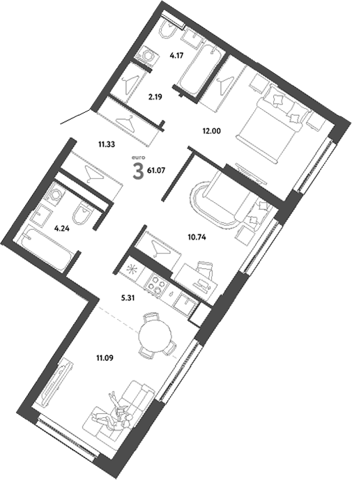 Планировка — Сибирский сад, 3-комн., 61 м²