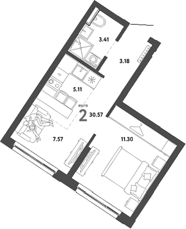 Планировка — Сибирский сад, 2-комн., 31 м²