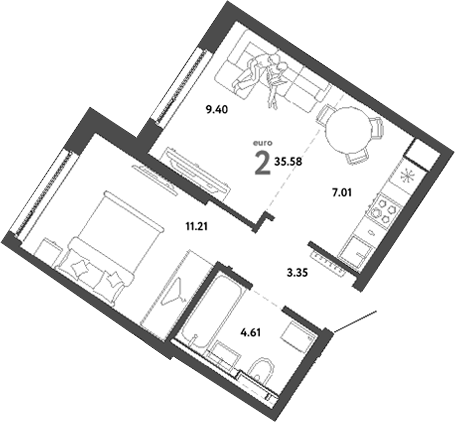 Планировка — Сибирский сад, 2-комн., 36 м²