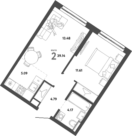 Планировка — Сибирский сад, 2-комн., 39 м²