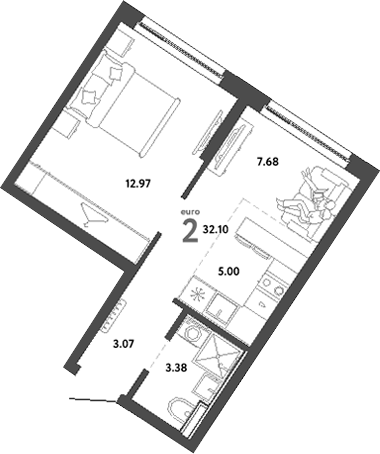 Планировка — Сибирский сад, 2-комн., 32 м²