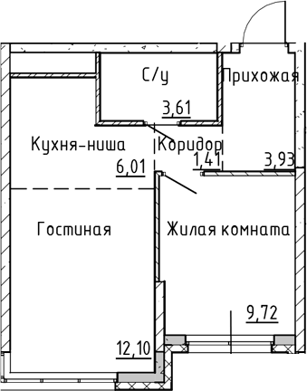 Планировка — Синица на Куйбышева, 2-комн., 37 м²