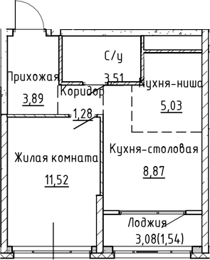 Планировка — Синица на Куйбышева, 2-комн., 34 м²