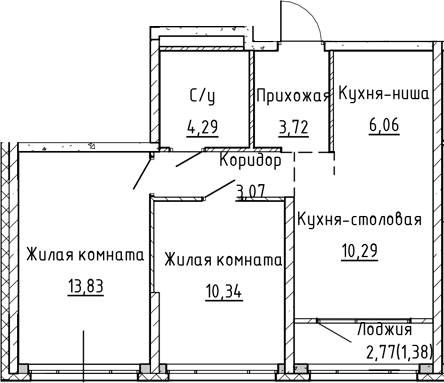 Планировка — Синица на Куйбышева, 3-комн., 52 м²