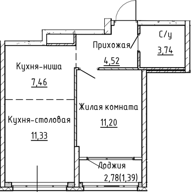 Планировка — Синица на Куйбышева, 2-комн., 38 м²