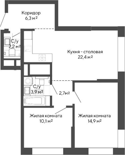 Планировка — Изумрудный бор 2.0, 2-комн., 63 м²
