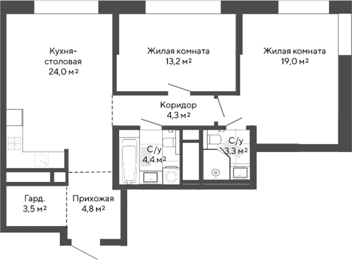 Планировка — Изумрудный бор 2.0, 2-комн., 77 м²