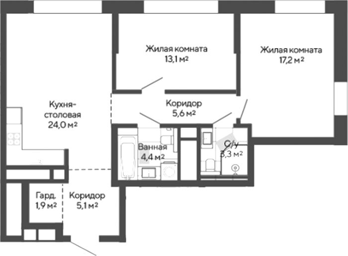 Планировка — Изумрудный бор 2.0, 2-комн., 75 м²