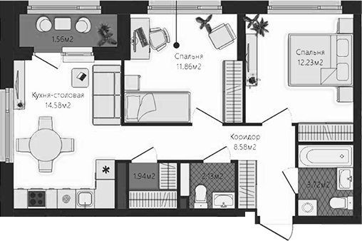 Планировка — Маяковка, 2-комн., 55 м²