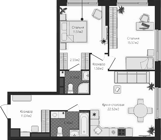 Планировка — Маяковка, 2-комн., 73 м²