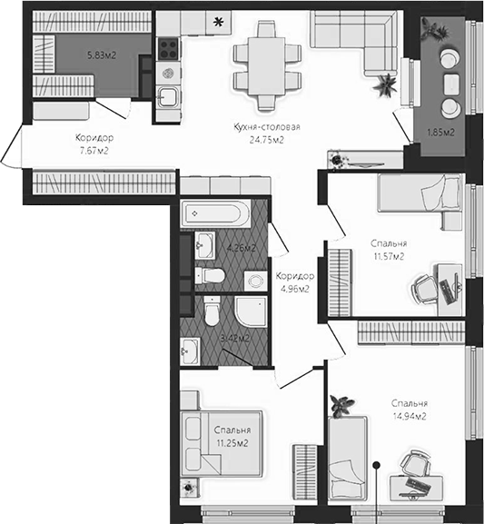 Планировка — Маяковка, 3-комн., 89 м²