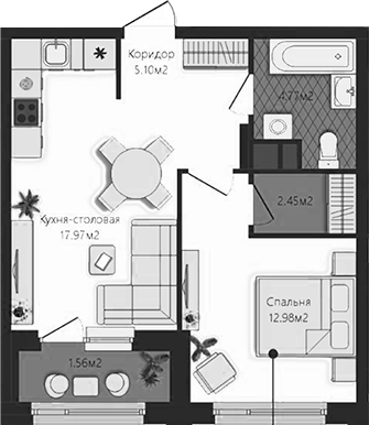 Планировка — Маяковка, 1-комн., 43 м²