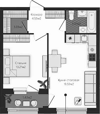 Планировка — Маяковка, 1-комн., 44 м²