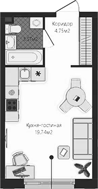 Планировка — Маяковка, Студия, 28 м²