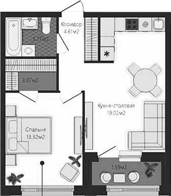 Планировка — Маяковка, 1-комн., 44 м²