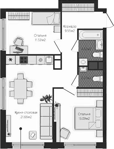Планировка — Маяковка, 2-комн., 62 м²