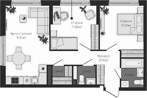 Планировка — Маяковка, 2-комн., 60 м²