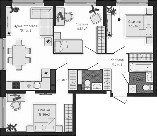 Планировка — Маяковка, 3-комн., 74 м²