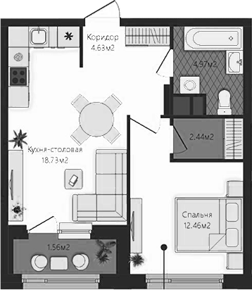 Планировка — Маяковка, 1-комн., 43 м²