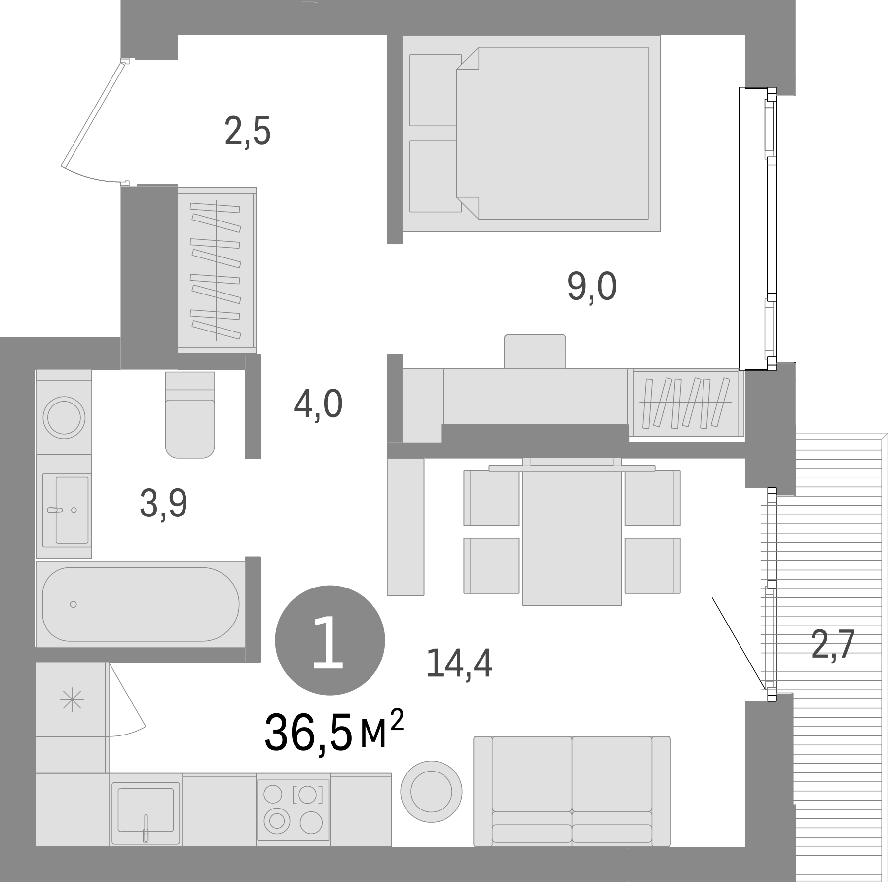 Планировка — Траектория, 1-комн., 34 м²