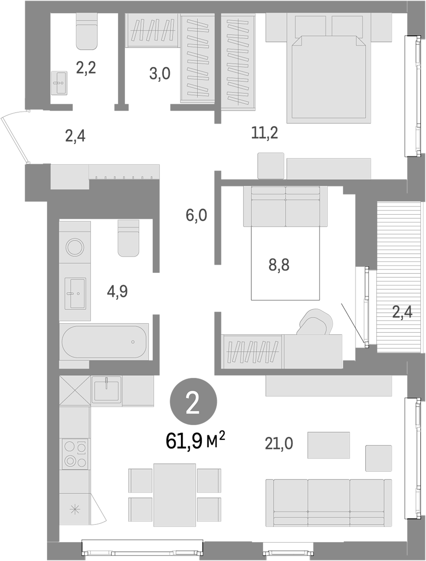 Планировка — Траектория, 2-комн., 60 м²