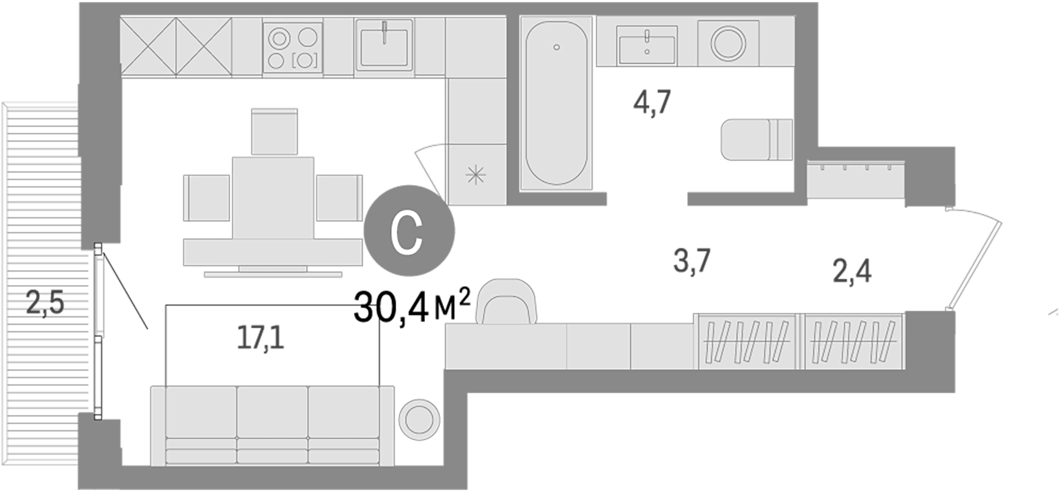 Планировка — Траектория, Студия, 28 м²