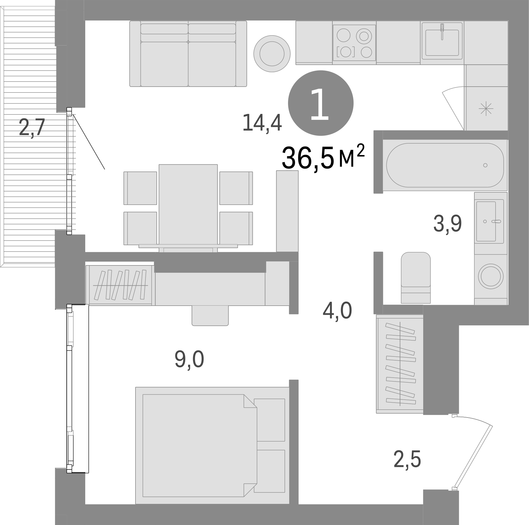 Планировка — Траектория, 1-комн., 34 м²