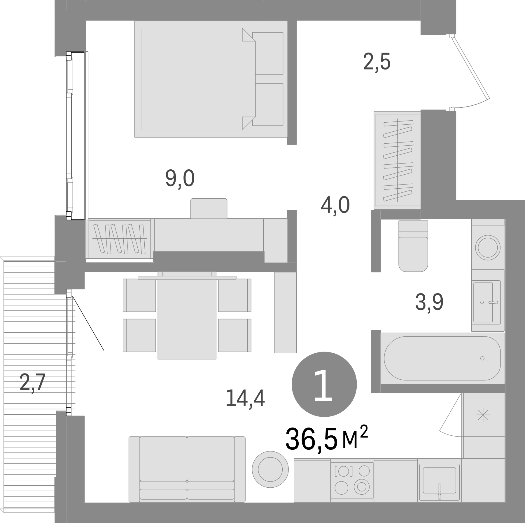 Планировка — Траектория, 1-комн., 34 м²