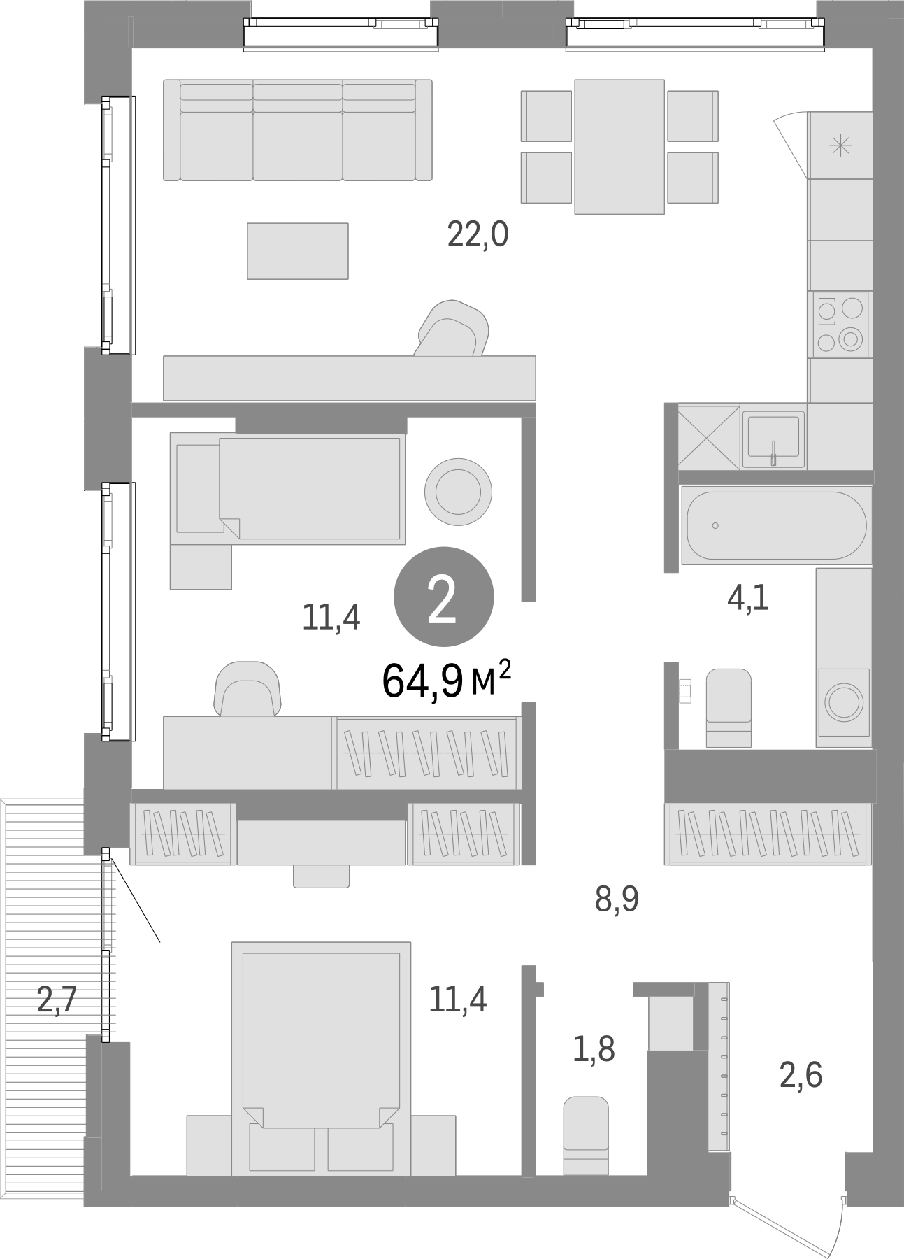 Планировка — Траектория, 2-комн., 62 м²