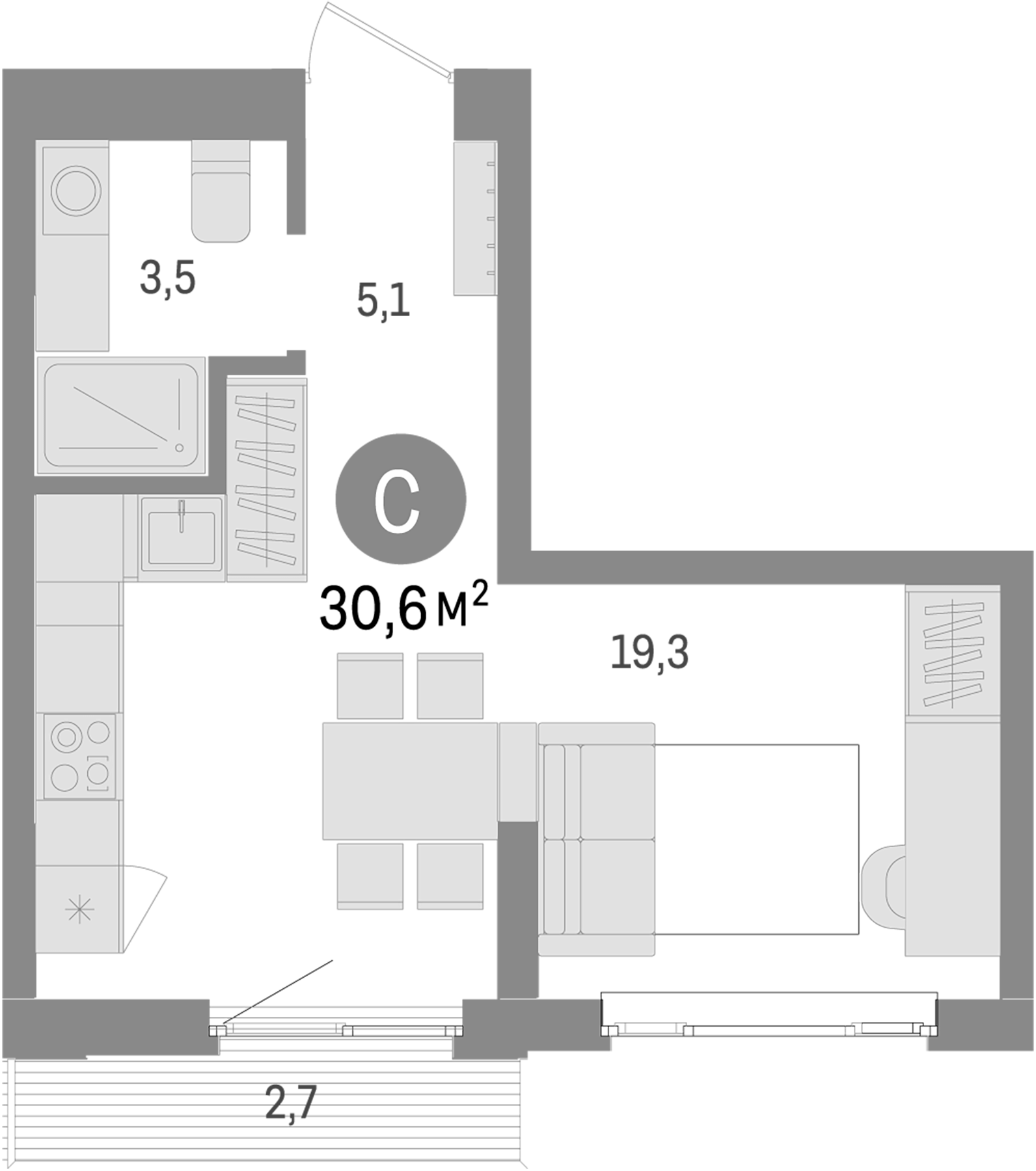 Планировка — Траектория, Студия, 28 м²