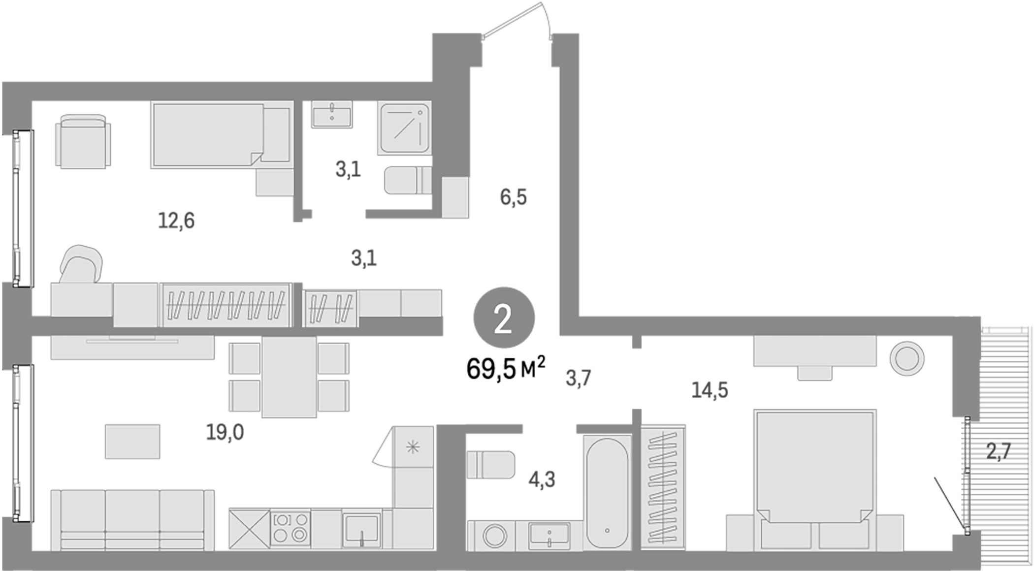 Планировка — Траектория, 2-комн., 67 м²