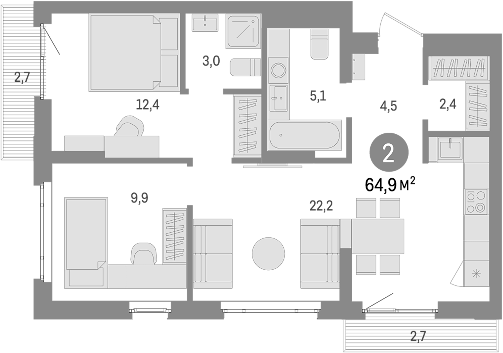 Планировка — Траектория, 2-комн., 60 м²