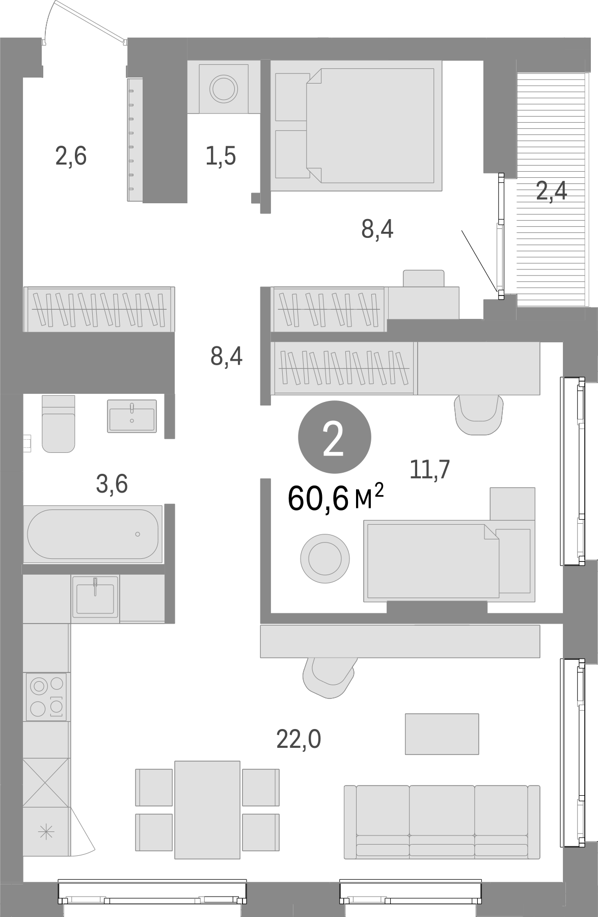 Планировка — Траектория, 2-комн., 58 м²