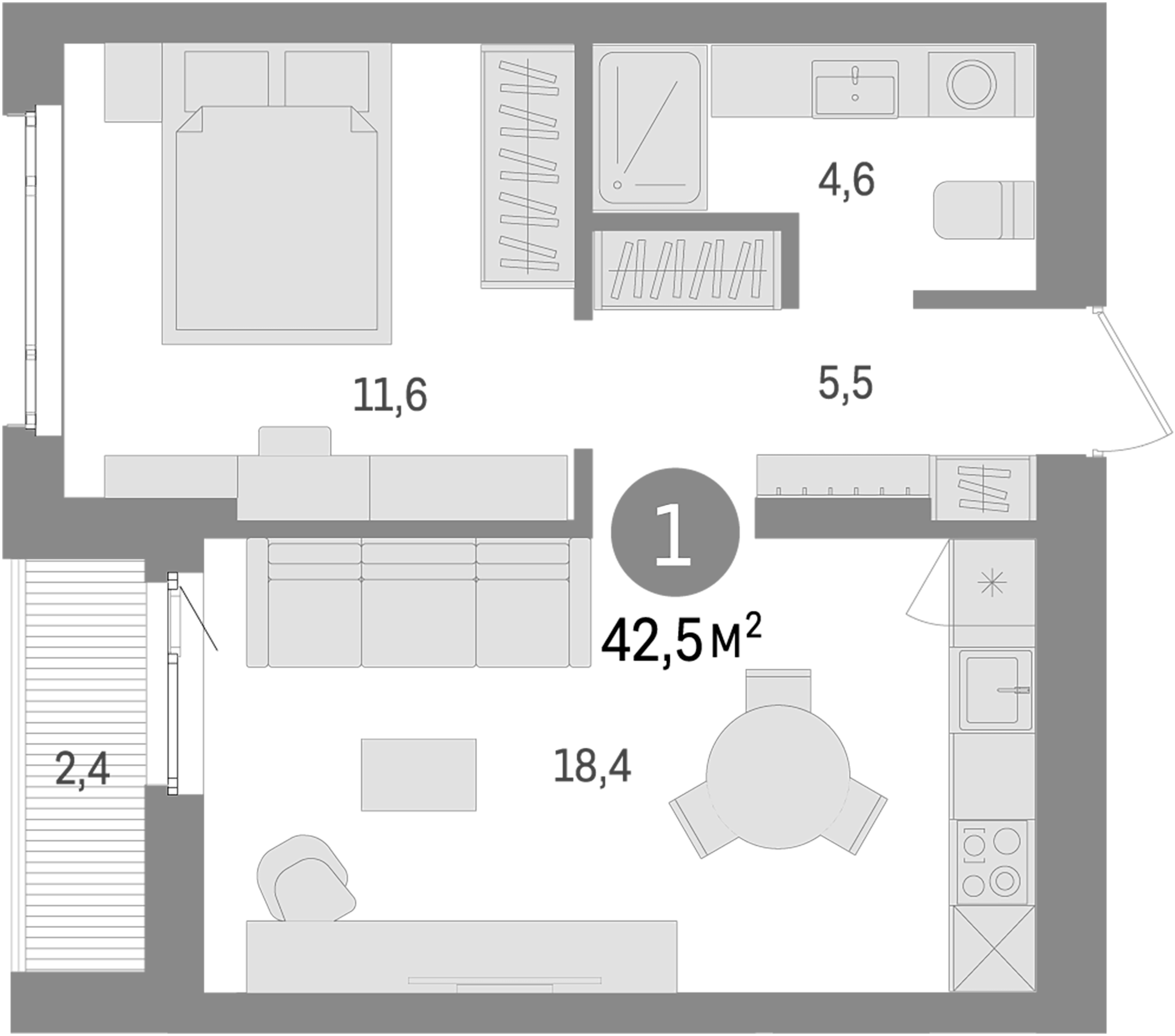 Планировка — Траектория, 1-комн., 40 м²
