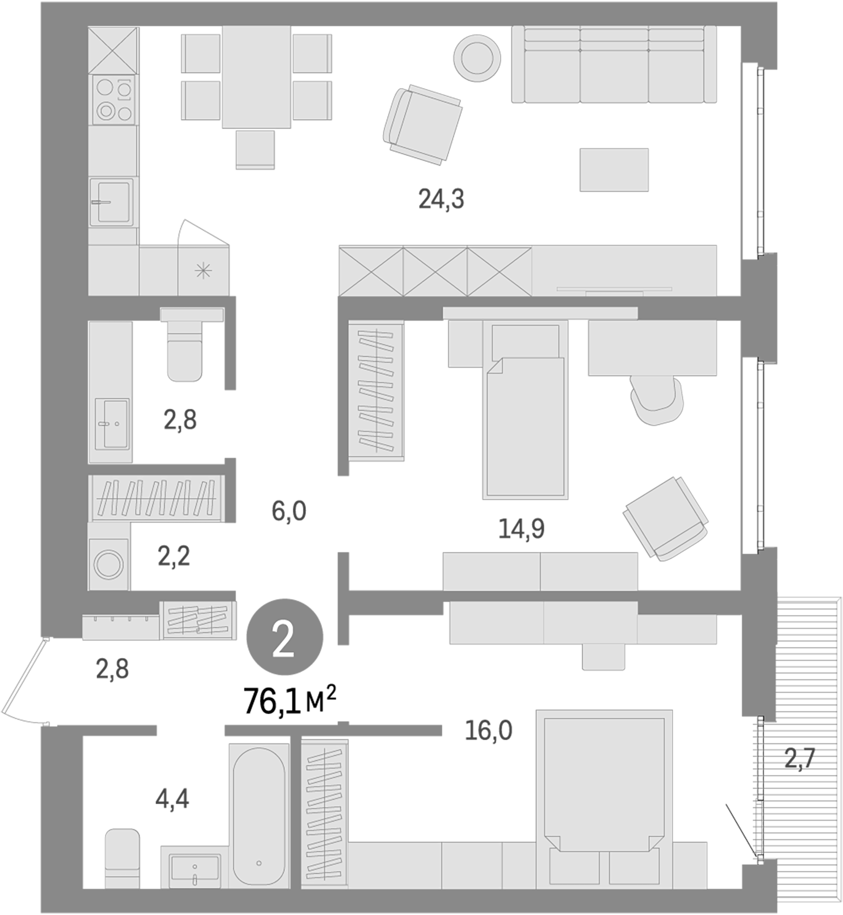 Планировка — Траектория, 2-комн., 73 м²