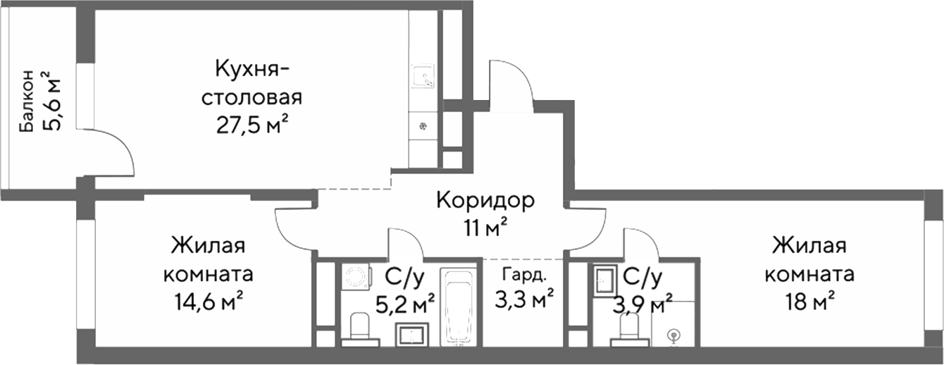 Планировка — Нагорный, 2-комн., 84 м²