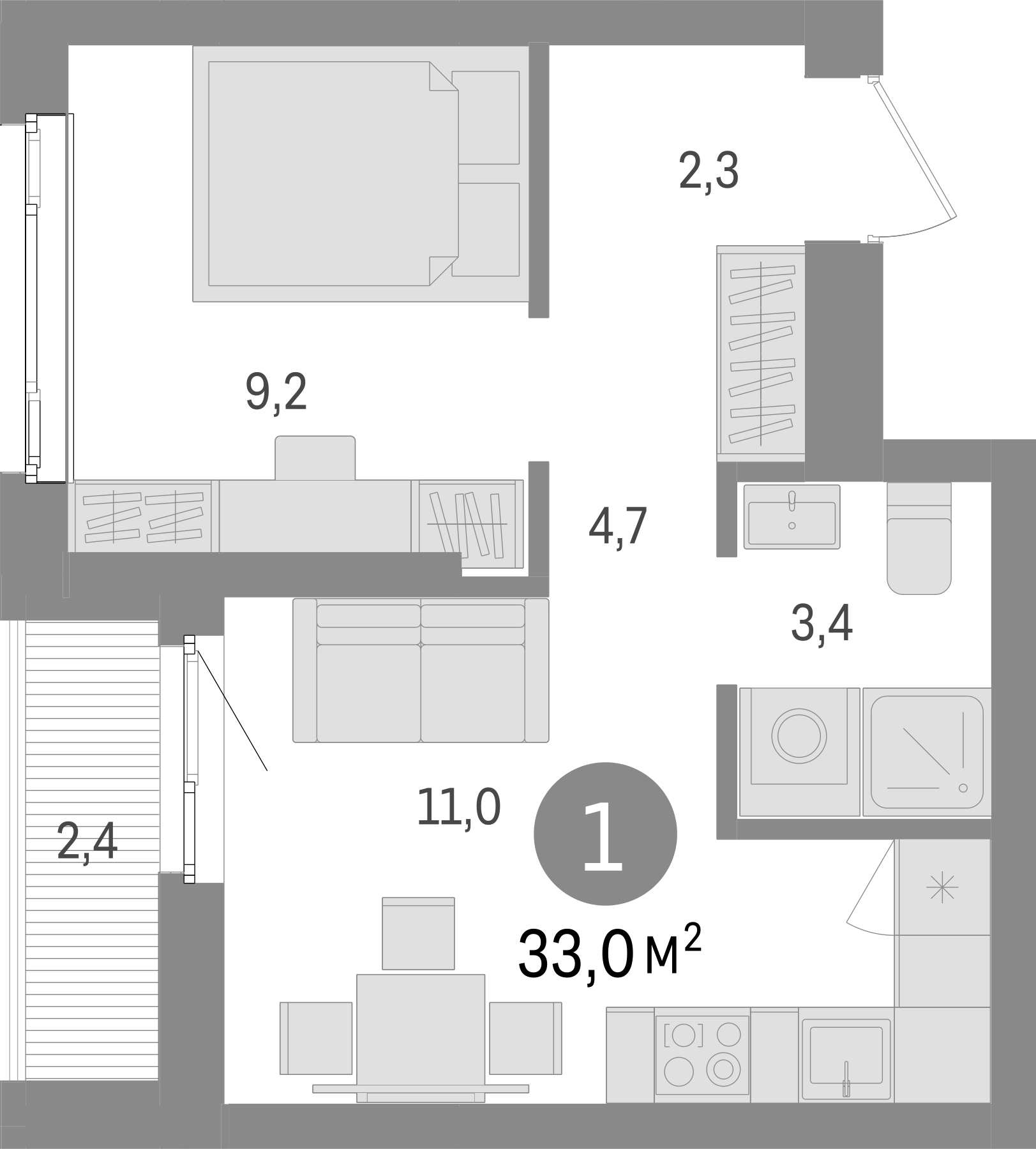 Планировка — Траектория, 1-комн., 31 м²