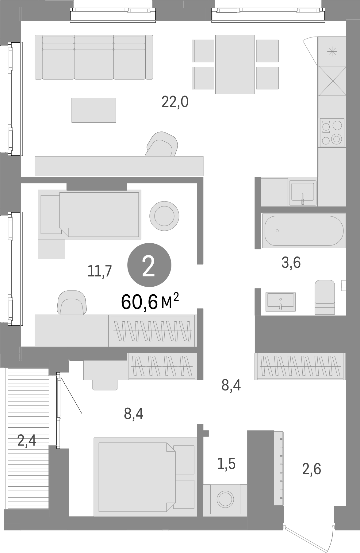 Планировка — Траектория, 2-комн., 58 м²