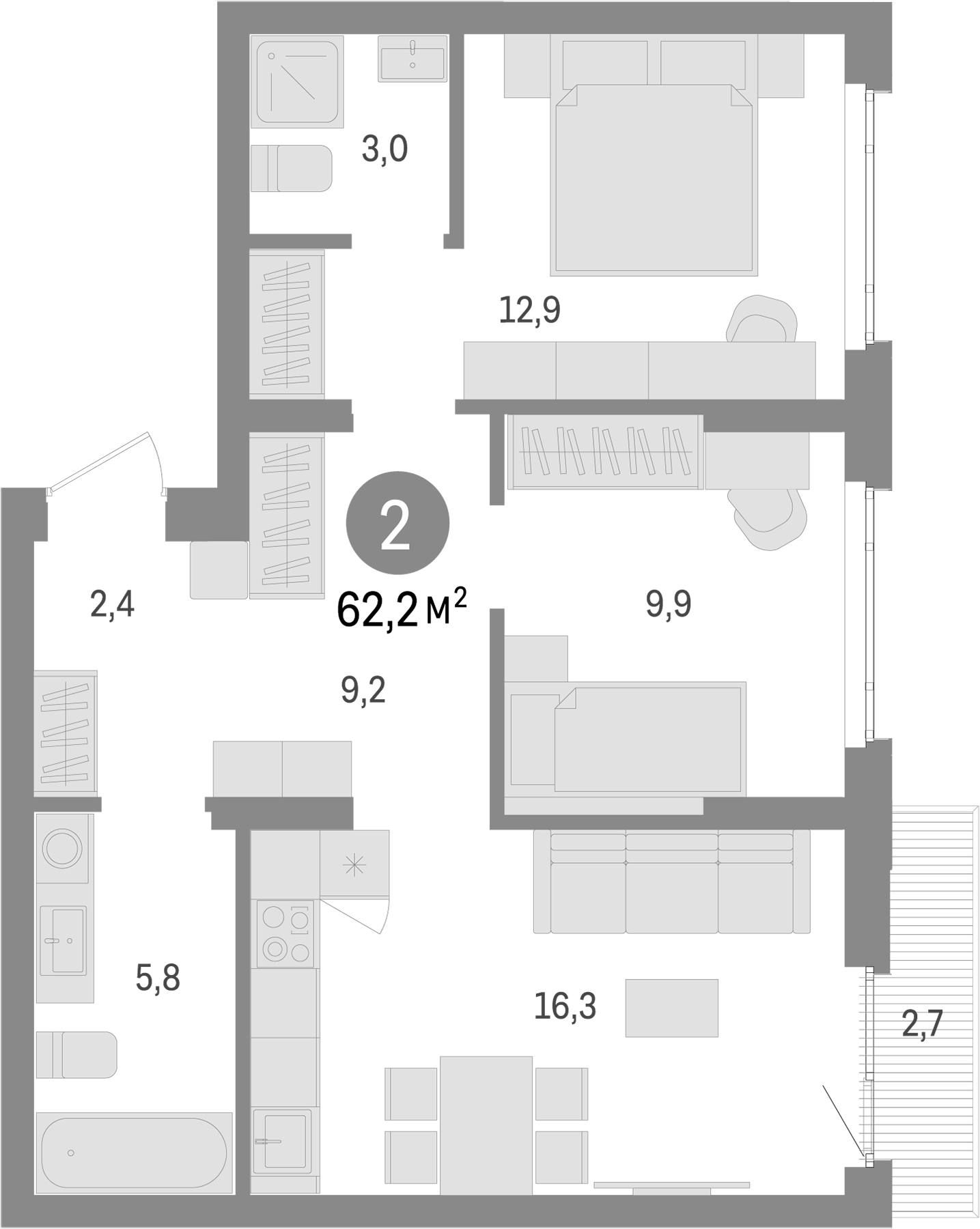 Планировка — Траектория, 2-комн., 60 м²