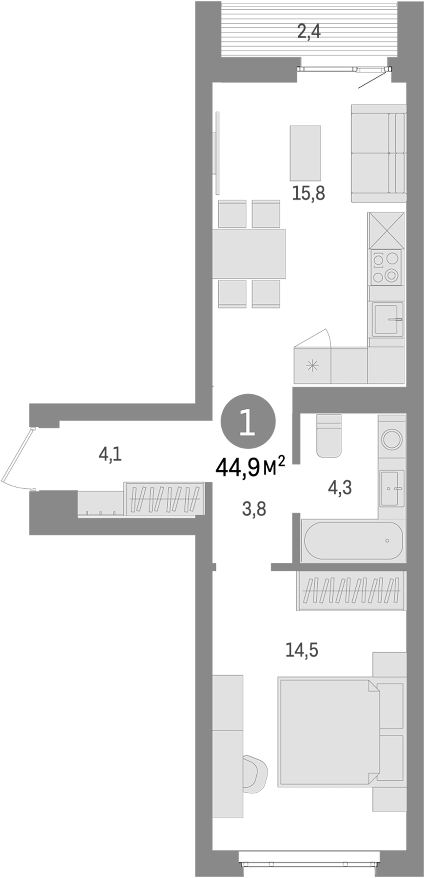 Планировка — Траектория, 1-комн., 43 м²