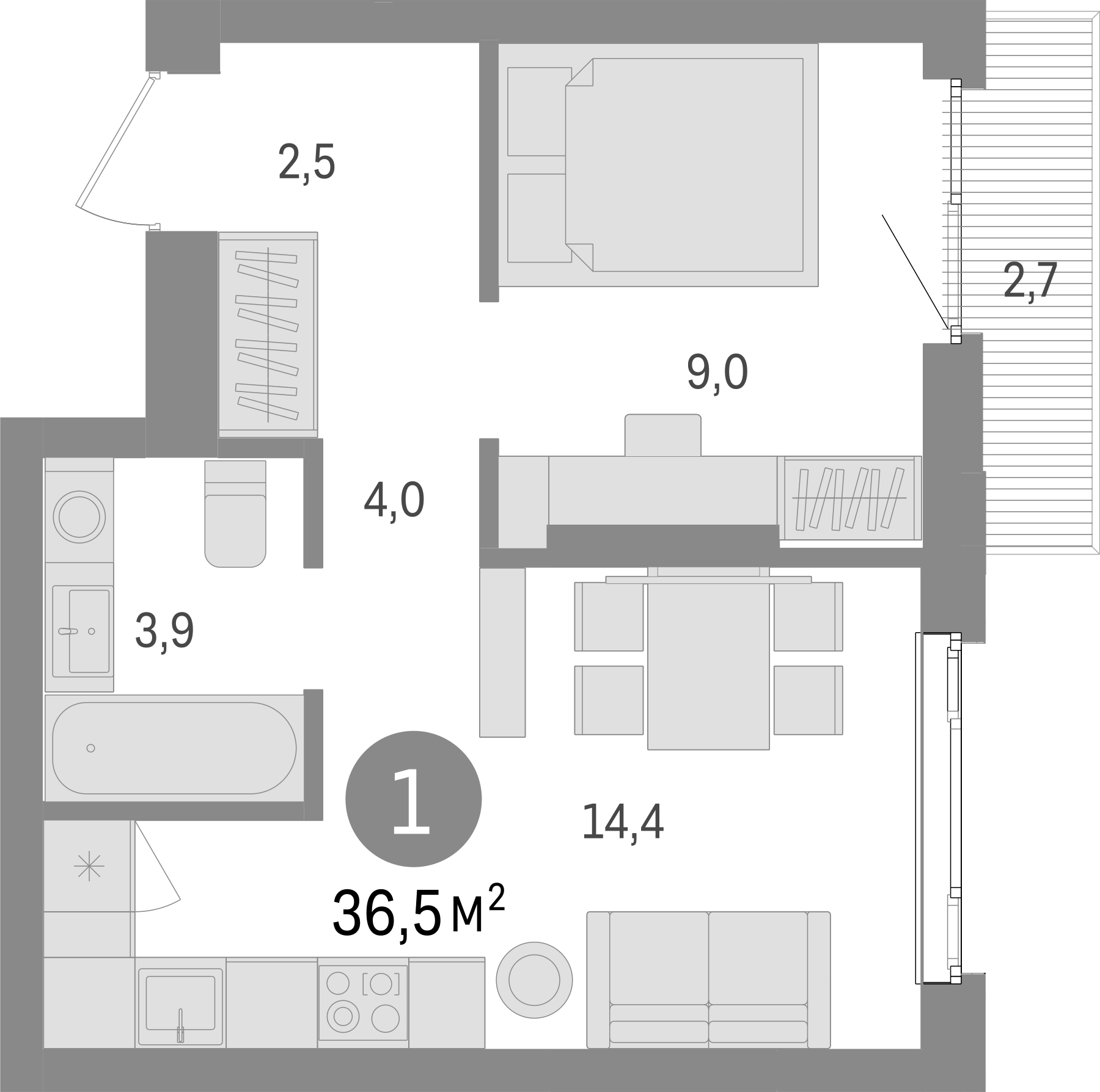 Планировка — Траектория, 1-комн., 34 м²
