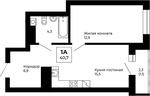 Планировка — Veer Park, 1-комн., 40 м²